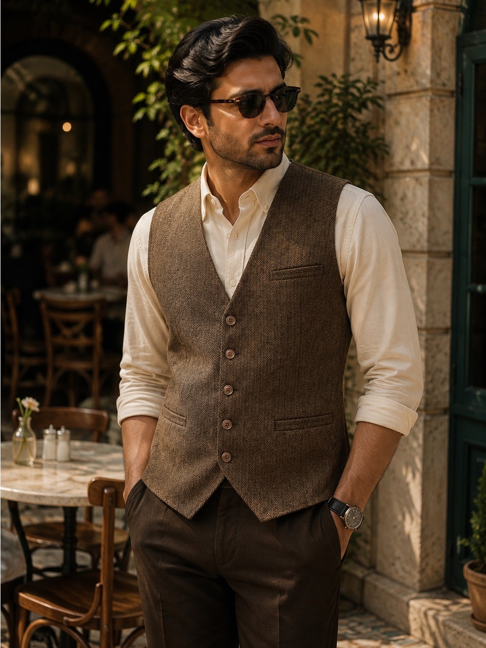 Men's Brown Herringbone Wool Vest - Tailored Waistcoat